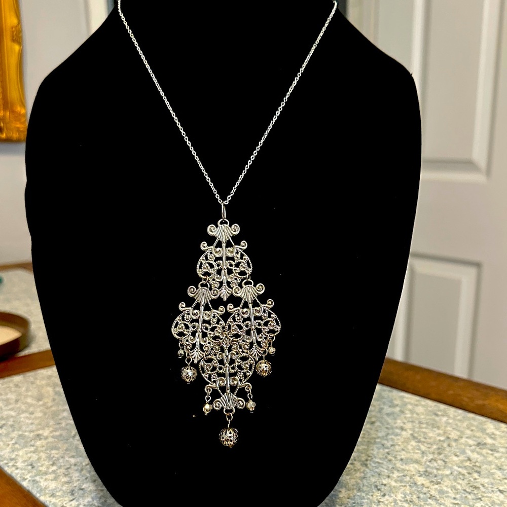 Ornate Silver Filigree Necklace, large lightweight piece. Beautiful!